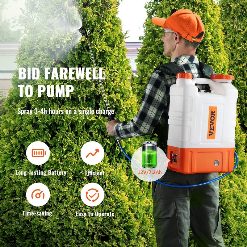 VEVOR 4 Gallon Battery Powered Backpack Sprayer with Wheeled Cart, Adjustable 0-94 PSI, 13FT Hose, 6 Nozzles, 2 Wands Included, Wide Mouth Lid for Weeding, Cleaning, Long Spray Time, White+Orange - Image 3